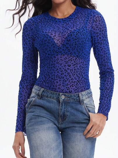 Elegant Women's Mesh Long Sleeve Top, Sexy Sheer Round Neck T-Shirt, Suitable For Party And Nightclub Wear, Lace Blouse Women's Black Animal Print Fashionable Sexy Leopard Print Semi-Sheer Long Sleeve Regular Thin Mesh Knit Top - Medium Stretch, Regular Fit, Flocked Details, Fitted Sheer Mesh Knit Top, Suitable For Outerwear, Layering And Various Occasions.