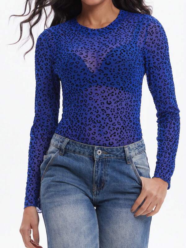 Elegant Women's Mesh Long Sleeve Top, Sexy Sheer Round Neck T-Shirt, Suitable For Party And Nightclub Wear, Lace Blouse Women's Black Animal Print Fashionable Sexy Leopard Print Semi-Sheer Long Sleeve Regular Thin Mesh Knit Top - Medium Stretch, Regular Fit, Flocked Details, Fitted Sheer Mesh Knit Top, Suitable For Outerwear, Layering And Various Occasions.