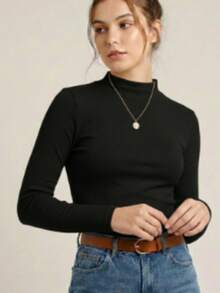 Women's Long-Sleeved Blouse Set In Ribbed Fabric With Medium Neckline, Knitted Fabric, Everyday Blouse - Black and White - View 2