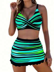 Pieces: Top With Crisscross Straps, High-Waisted Bottoms, And A Swim Skirt. Neon Striped Padded Swimsuit, Suitable For Summer Beach, New Year's, And Valentine's Day Vacations. - 綠色 - 查看 5