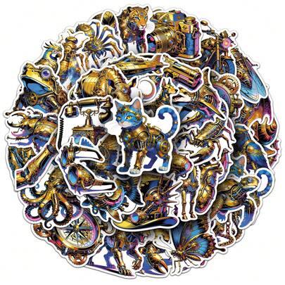 50pcs Steampunk Retro Mechanical Style Cute Interesting Aesthetic Stickers, Waterproof Sticker Pack Suitable For Adults, Teens, Decoration On Handbags, Water Bottles, DIY Phone, Computer, Skateboard, Luggage, Helmet, Self-Adhesive