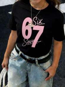 Tween Girls Students Casual Pink Graphic Print Crew Neck Short Sleeve T-Shirt, Summer Top - Black - View 1