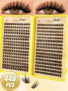 384/448 D型卷翘睫毛嫁接DIY套装，混合睫毛套装，10-18毫米簇状D型卷翘单根睫毛，柔软蓬松，迷你旅行装浓密睫毛套装，含胶水、封口剂和镊子，适合居家使用 - 彩色 - 查看 10