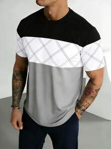GRDR 1pc Summer New Contrast Color Business Casual Round Neck Men's T-Shirt - Grey - View 6