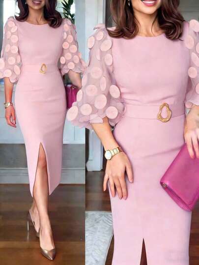 Elegant Women's Fitted Mid-Length Split Dress, Patchwork 3D Polka Dot Mesh 3/4 Sleeves, Accessorized With Metal Decor Belt, Tie Waist Pink