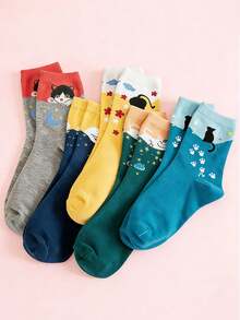 5 Pairs Unisex Blue, Green, Yellow, Gray Starry Sky Cat Cute & Whimsical Mid-Calf Socks, Casual Daily Wear Socks For Men And Women, All Seasons - Multicolor - View 7