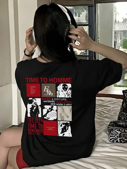 Women's Casual Loose Fit Crew Neck Cartoon Letter Print Short Sleeve T-Shirt, Spring/Summer