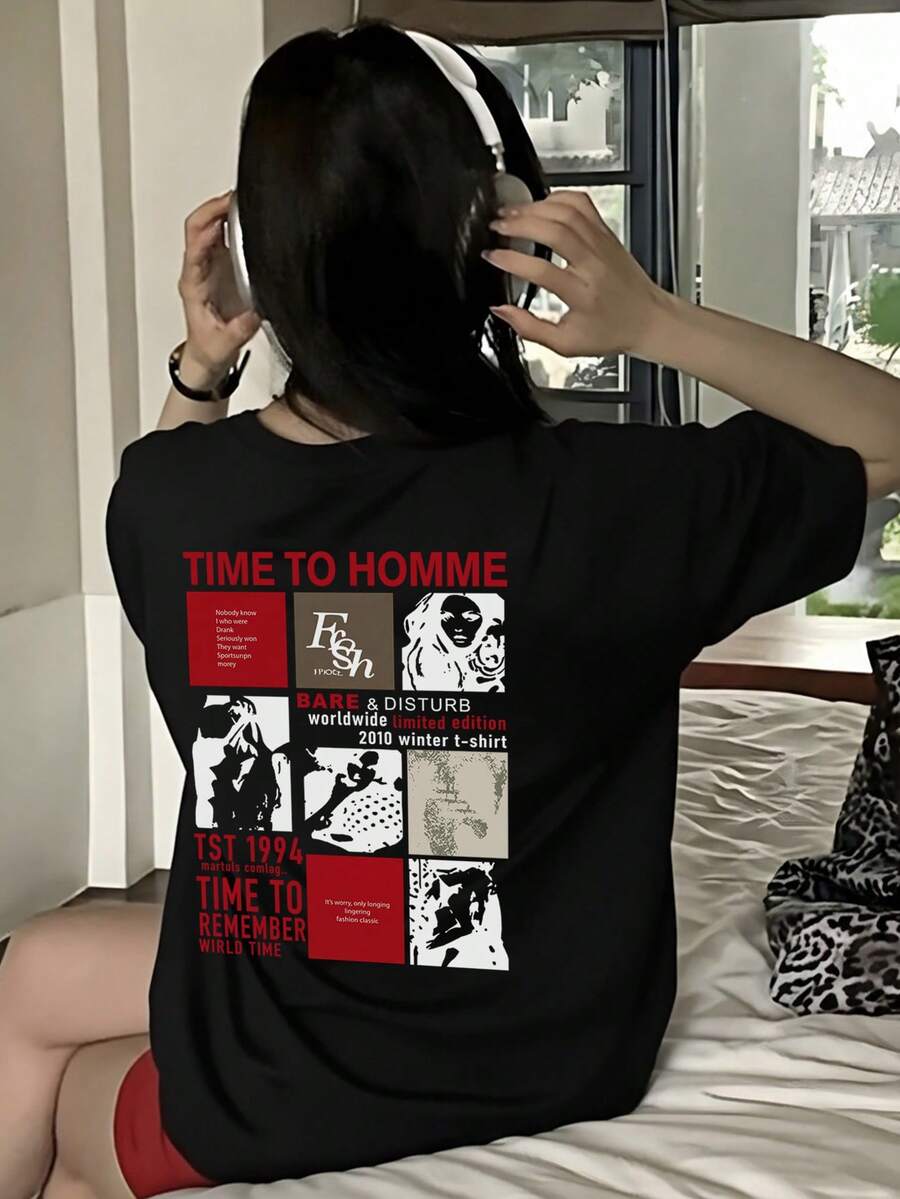 Women's Casual Loose Fit Crew Neck Cartoon Letter Print Short Sleeve T-Shirt, Spring/Summer - Black - View 1