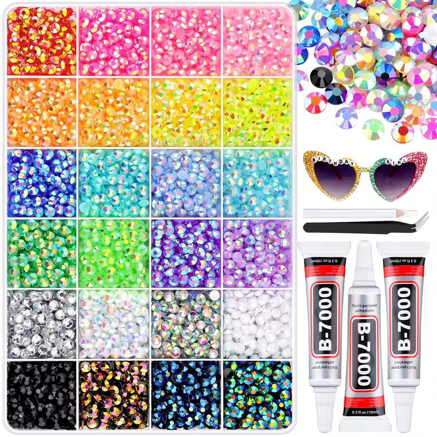 8500 Pieces Of Resin Rhinestones, 3 Pieces Of B7000 Jewelry Glue, 3MM-5MM Colored Gemstones, Flat Back Rhinestones For Handmade Crafts, Crystals For DIY Crafts, Clothing Rollers, Cups, Shoes, Fabric Decorations, Artworks, Etc - Type5 - 查看 1