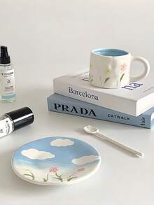 1pc Pink Floral Ceramic Coffee Cup & Saucer Set, Hand-Painted Blue Sky & White Cloud Coffee Mug, Birthday/Holiday Gift, Ceramic Teacup - Multicolor - View 10