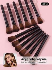 12pcs Soft Bristle Makeup Brush Set, Blush Brush, Powder Brush, Highlighter Brush, Contour Brush, Beginner Friendly Portable Cosmetic Tools - Black - View 9