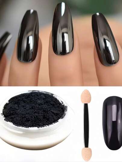 1盒黑色美甲魔镜亮片 - 高光泽美甲金属闪亮粉末凝胶指甲油美甲配件，Y2K美甲装饰美甲套装（含1支刷子），树脂工艺品圣诞装饰