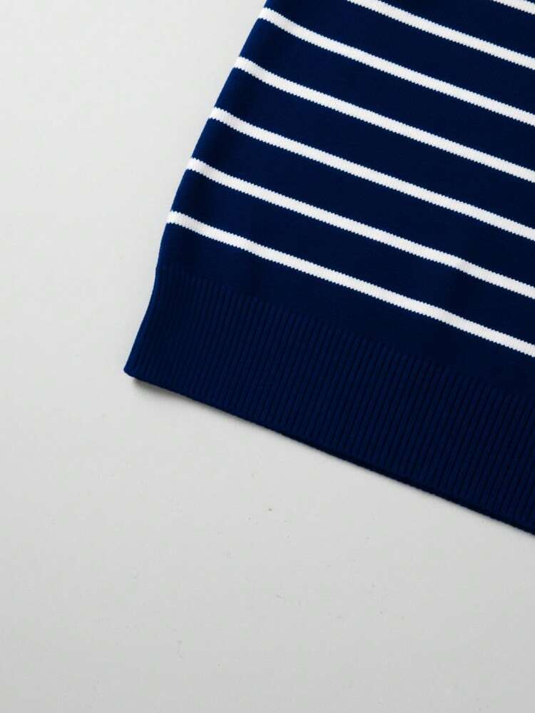 Suéter de punto de cuello redondo de manga corta con rayas minimalistas básicas para hombres GRDR - Azul Marino - Añade 5