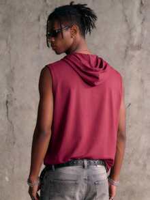 Camvyn 男士休闲字母印花连帽背心，夏季百搭 - 酒紅色 - 查看 2