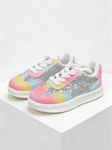 1 Pair 2026 New Rainbow Rhinestone Kids' Sneakers: Girls' Shiny Casual Shoes With Rhinestone Inlaid Rainbow Gradient Shoe Upper - Gold - View 6