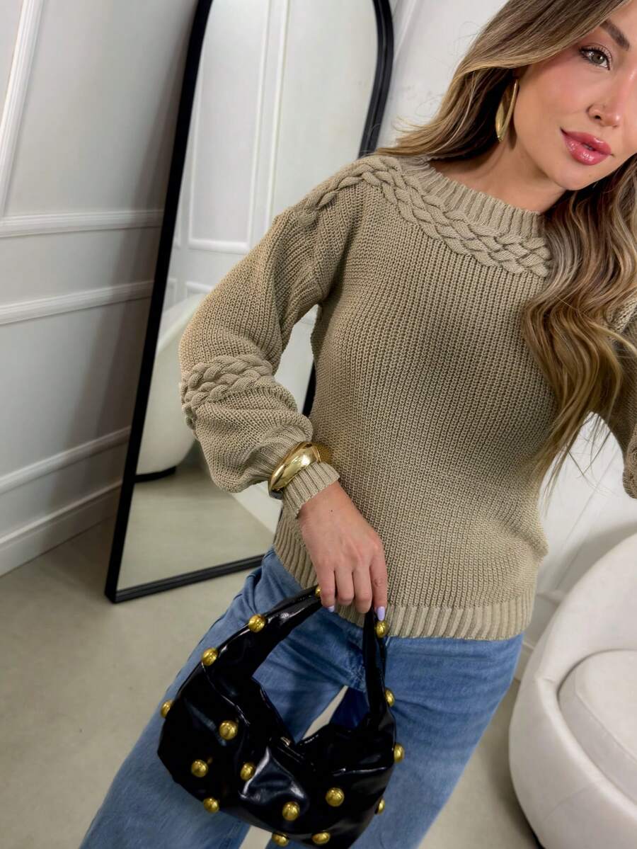 Women's Knit Blouse With Inverted Braid, Long Puff Sleeves, Ribbed Cuffs, Fashion Knitwear For Winter - Sand - View 1