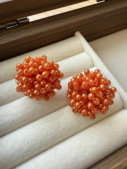 1 Pair Orange Delicate Minimalist Woven Flower Stud Earrings, Suitable For Teenage Girls Daily And Festival Wear