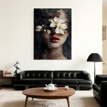 Cuadro 2D plano JIT1pc, arte en lienzo 2D plano, con una mujer rodeada de diseños florales en un estilo surrealista texturizado, viene enmarcado y listo para colgar, perfecto para decorar salas de estar, dormitorios, oficinas y hogares - Enmarcado - Ver 3