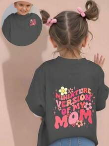 Young Girl Casual Graphic Print Crew Neck Short Sleeve T-Shirt, Summer Top - Dark Grey - View 3