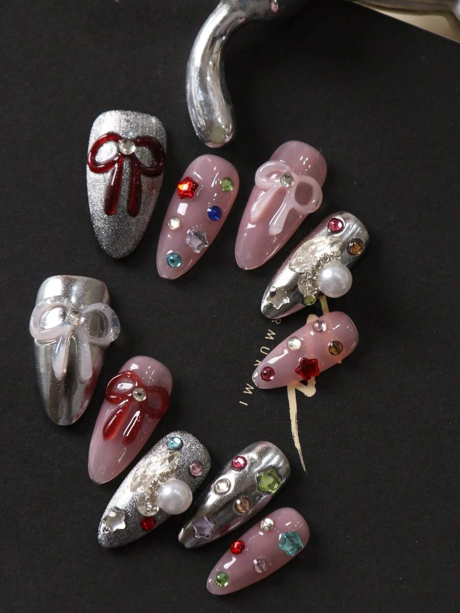 XEERCOOU 10pcs Press On Nails Silvery Pink Hand Drawn Bow Tie Colorful Stars Long Heavy Industry Office Daily Wear False Nails Artificial Nails Kit Nail Supplies Includes 1sheet Adhesive Tabs &1 Pc Mini File Nail Art DIY Handmade Press On Nails - Multicolor - View 1