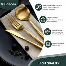 60pcs Deluxe Golden 410 Stainless Steel Cutlery Set, Portugal Western Cutlery Set With Knives, Forks And Spoons, 12pcs Mirror Polished Silverware Set For Weddings, Parties, Birthdays And Gatherings - 金色 - 查看 4