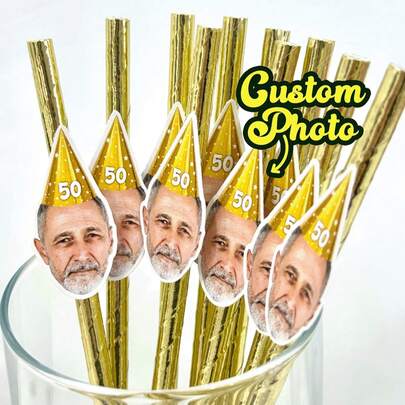 12pcs Customized Face Straws - 50th Birthday Decor, Unisex - Fun Birthday Straws - Photo Straws - 55th Birthday Tableware Decor, Multifunctional, Decorative, Reusable, Exquisite & Fashionable, Colorful, Modern & Stylish, Customizable, Personalized, Unique, Creates Warm Atmosphere, Autumn Home Refresh, Harmonious Home