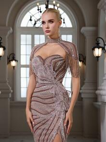 亮片刺绣流苏3D花朵优雅性感修身开衩晚礼服 / 适合婚礼、鸡尾酒会、宴会和派对 - 卡其色 - 查看 7