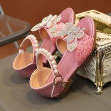 1 Pair New Girls Princess Sandals, Glitter Pink Upper, Rhinestone Bow Decor, Soft Sole Non-Abrasive, Adjustable Hook And Loop Strap - Pink - View 6