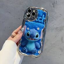 Official Disney Lilo & Stitch Cute Phone Case: 2D Flat 3D-Effect Stitch Half-Face Print, Chrome Wavy Frame & Pastel Color Block Background, Shockproof Protective Cover For IPhone 17, 16, 15, 14, 13, 12, And 11 Pro Models Made Of Durable TPU With Shockproof Protection Perfect Gift For Family, Friends, Birthdays, Spring Festival, Holidays, Boyfriends, Girlfriends, And Valentine's Day - 銀色 - 查看 5
