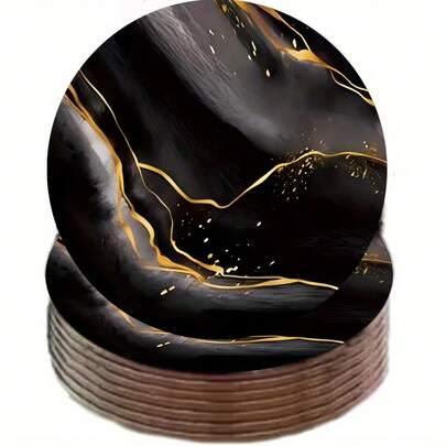 6/60pcs (With/With Stand) Elegant Black Marble Patterned Wooden Coaster Set, Suitable For Yard, Kitchen, Living Room, Home Gathering Dining Table Decor, Gift For Friends And Family On Holidays, Suitable For Valentine's Day, Wedding, Birthday, Party, Home Decor Accessories