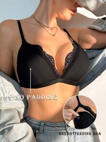 1件蕾丝拼接无钢圈哺乳文胸（无衬垫） - 黑色 - 查看 1