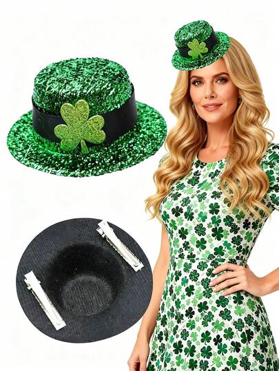 1pc St. Patrick's Day Mini Green Glitter Top Hat Hair Clips, Lucky Leprechaun Shamrock Hair Barrettes Irish Festival Party Hair Accessories Favors,Funny St. Patrick's Day Mini Top Hat For Small Dogs And Cats, Shamrock Green Leprechaun Hat Hair Clips Pet Holiday Costume Dressing Up Photo Props.