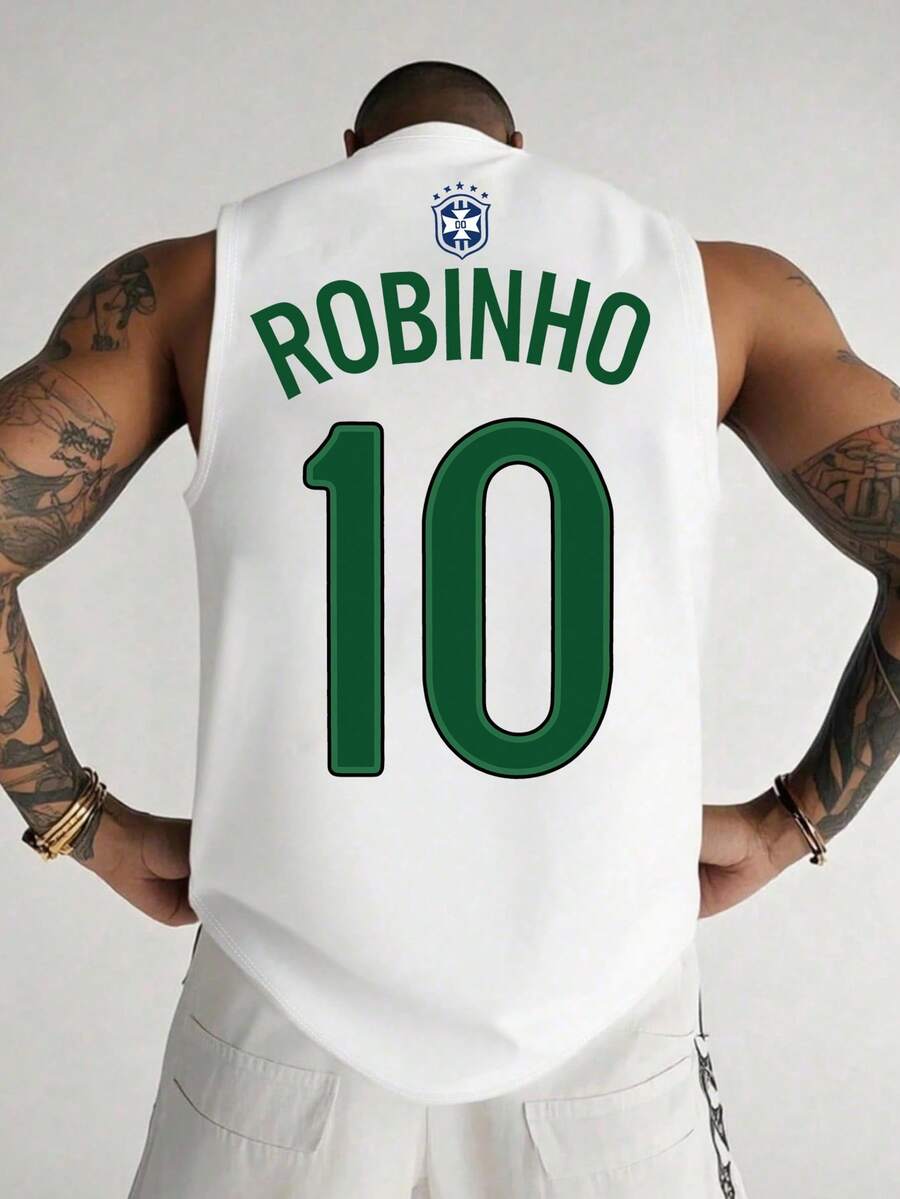 Áo tank top không tay in hình cầu thủ bóng đá người Brazil ROBINHO, áo thể thao mùa hè dành cho nam. - trắng - Xem 1