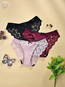 3件套 - 蕾丝拼接纯色内裤，侧边采用光滑缎面材质，饰以精致蕾丝花边和可爱蝴蝶结，性感优雅的女士三角裤 - 彩色 - 查看 1