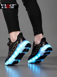 YAOSF Zapatos con ruedas para niños/adolescentes - Versión mejorada con mayor estabilidad, zapatos deportivos 2 en 1 desmontables, zapatos de patinaje sobre ruedas geniales para la calle, zapatos deportivos luminosos para exteriores, zapatos para padres e hijos, nuevos patines en línea, zapatos con luces para la noche, zapatos con ruedas recargables por USB, zapatos con ruedas y luces LED, zapatos deportivos con suela con luces LED para niños/niñas, estudiantes, zapatos con ruedas para deportes al aire libre - Negro - Ver 6