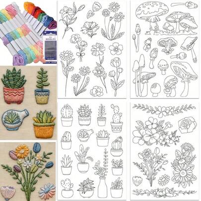 Floral Mushroom Succulent Pattern Embroidery Stickers Self-Adhesive Water-Soluble Non-Woven For DIY Sewing Beginners