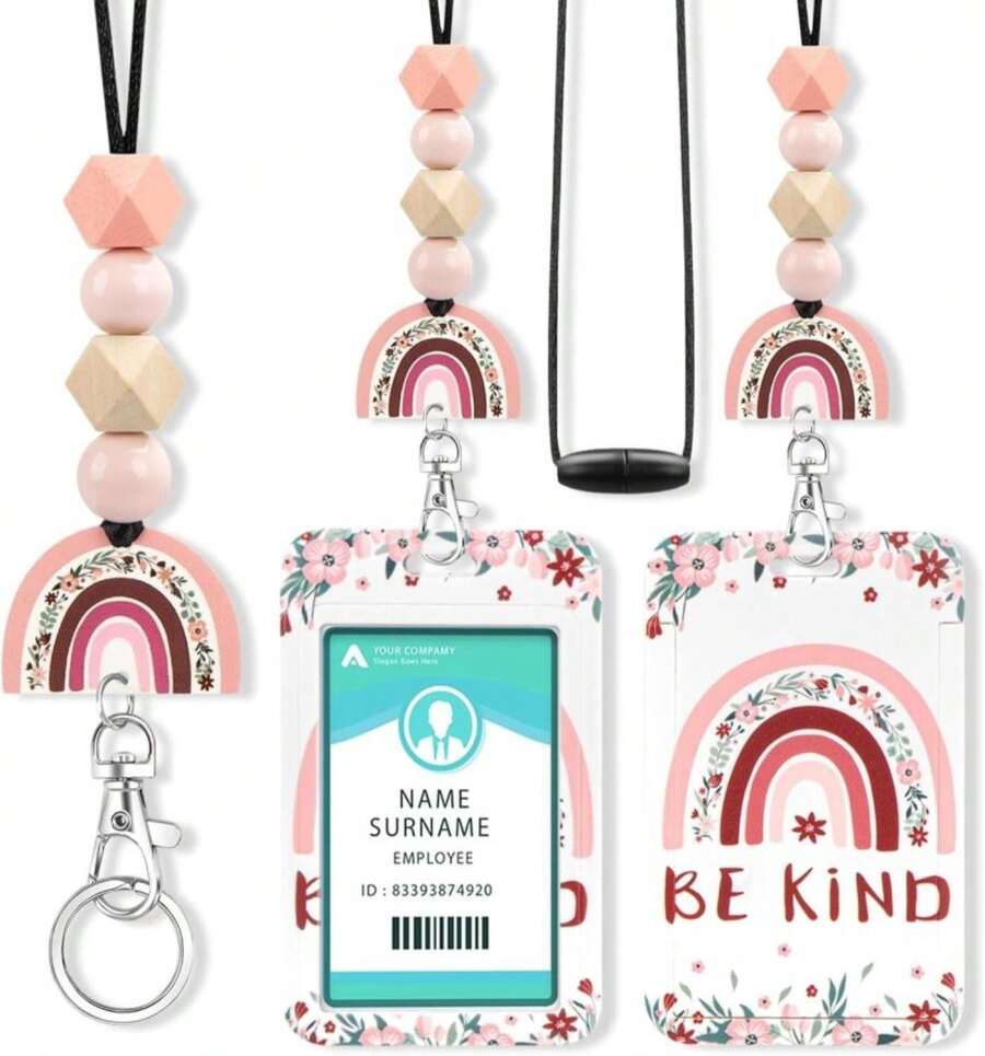 ID Badge Holder With Lanyard Teacher Cute Be Kind Rainbow Badge Holders With Wooden Beaded Adjustable Neck Lanyards Keychain For Women Kids Nurses Doctors Student - ColorA - 查看 1