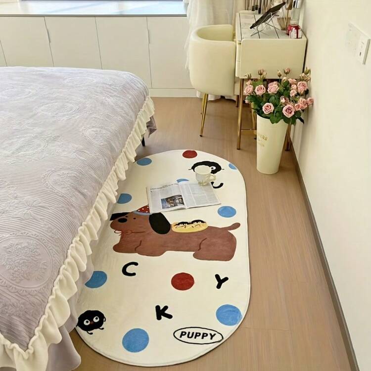 1pc Cute Puppy Pattern Faux Wool Oval Plush Rug, Non-Slip Thick High Pile Bedroom Carpet - Premium - View 3