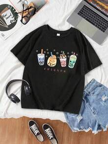 1 chiếc áo thun ngắn tay in hình trà sữa bong bóng dễ thương cho bé gái, thoải mái & thoáng khí, mặc thường ngày phong cách casual cho mùa hè - màu đen - Xem 2
