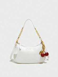 Fashionable Shoulder Bag Features A Classic Letter Pattern And Pearl Cherry Pendant Decoration. Made Of Solid-Color Waterproof PU Material, It Can Be Used As A Shoulder Bag, Underarm Bag, Crescent-Shaped Summer Bag, Beach Vacation Bag, Or Back-To-School Bag. It Can Also Be Used As A Ladies' Wallet, Suitable For Shopping, Outings, And Daily Use. It Also Makes A Great Gift For Friends Or Family. - 白色 - 查看 7