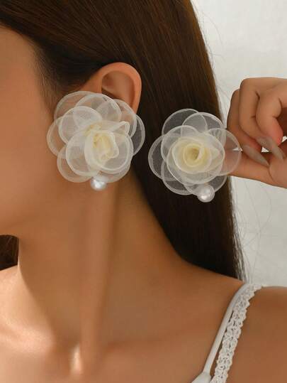 1 par de pendientes únicos de novia y fiesta de boda con encaje, rosa y perla falsa, accesorios de boda