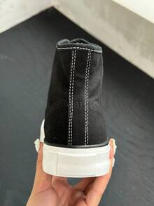 黑色帆布鞋，女鞋，运动鞋，中帮休闲系带鞋，春秋季，韩版风格，简约时尚，高帮休闲运动鞋，经典中帮帆布鞋，百搭休闲滑板鞋 - 黑色 - 查看 7