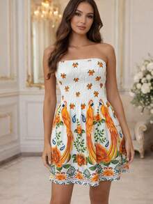 SHORT STRAPLESS PRINTED SUMMER DRESS - Macaw Orange - View 2