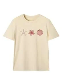 Women's Summer New Simple Shell & Starfish Print Casual Vacation Style Round Neck Apricot Short Sleeve T-Shirt, Fashionable Everyday Top, Suitable For Daily Vacation Wear - Apricot - View 4