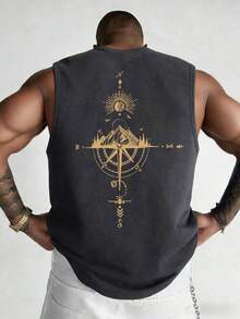 GRDR Men's Summer Compass & Mountain Peak Print Casual Sleeveless Tank Top - Dark Grey - View 2