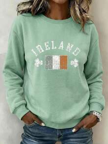 Women's Soft Casual Four-Leaf Clover & Letter Print Shirt - Crew Neck Long Sleeve T-Shirt, Irish St. Patrick's Day Crew Neck Sweatshirt - Light Green - View 4