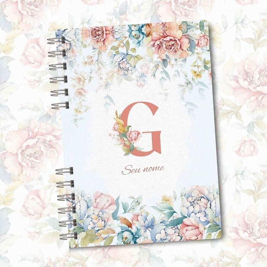 A5 Floral Pink And Blue Notebook Personalized With Initial Of The Alphabet - G - 查看 1