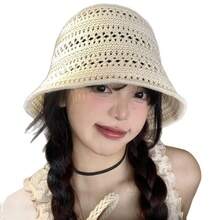 Spring Hot Item, Summer Fashionable Hollow Woven Bucket Hat, Women's Outdoor Face Enhancing Small Wide Brimmed Knitted Basin Hat, Casual Versatile Sun Hat - 白色 - 查看 2