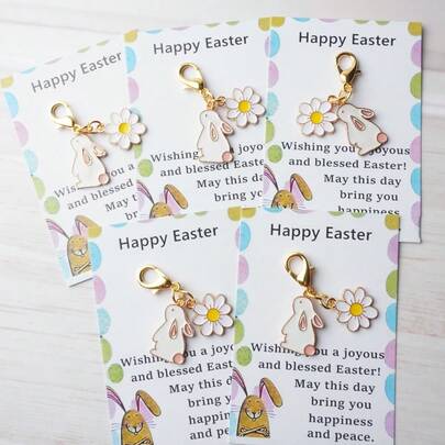 1个/5个/10个装可爱兔子与花朵2D钥匙扣，复活节钥匙扣附赠复活节贺卡，兔子饰品礼物，送给兔子爱好者的独特2026复活节派对礼物，适合送给朋友、家人、同事或爱人