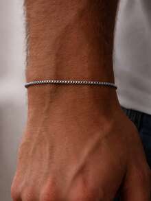 FORVER QUEEN 1pc Men's 2mm Pure Silver Square Chain Bracelet, Silver Jewelry Gift Suitable For Both Men And Women - Box Chain Bracelet - View 3